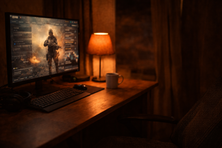 Person am Gaming-Desk spät nachts mit Headset, Monitorglow, warme Atmosphäre