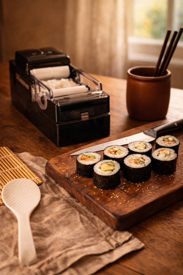 Automatische Maki-Maschine auf Holztisch mit frischen Maki-Rollen