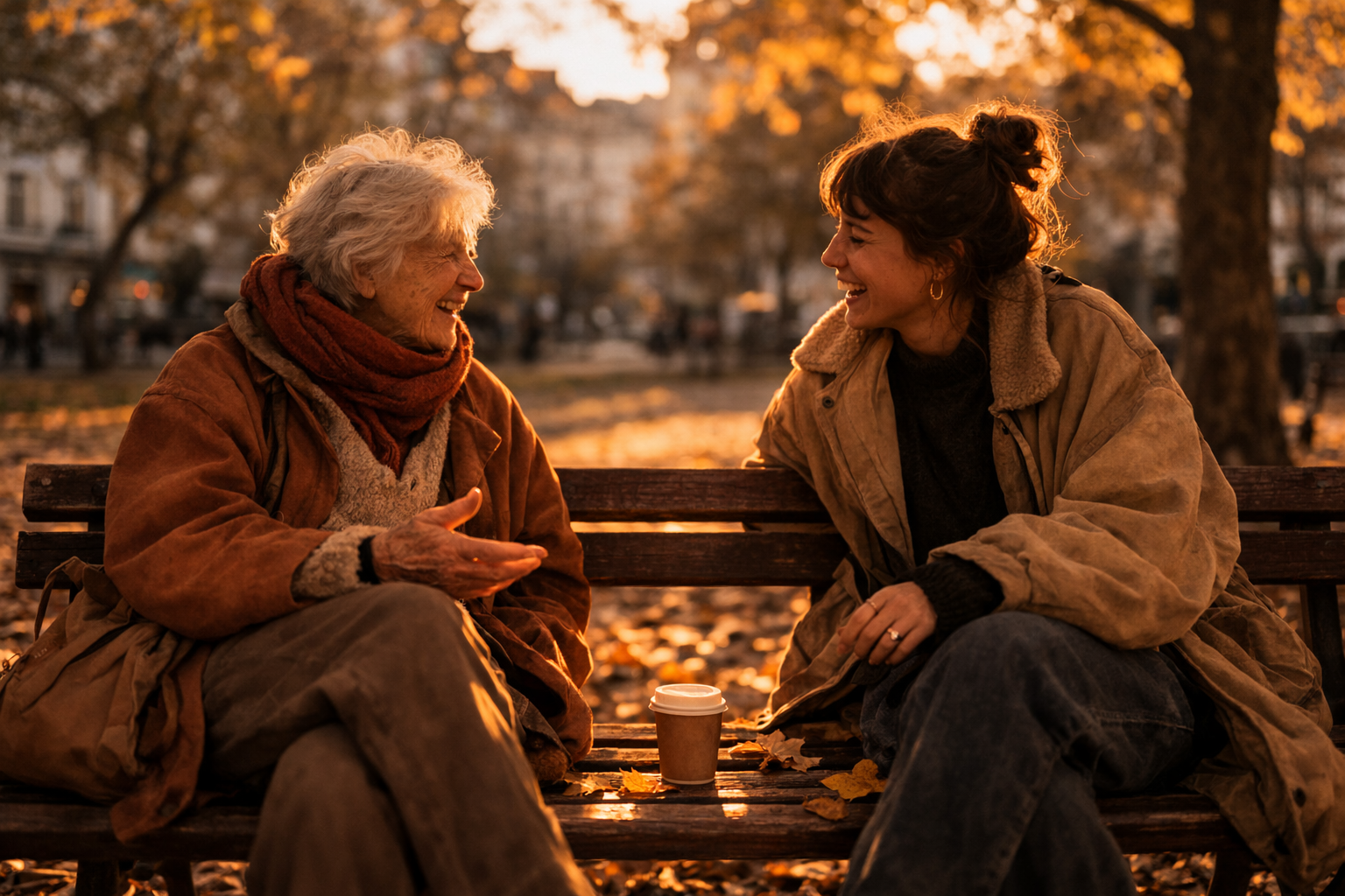 Zwei Menschen auf einer Berliner Parkbank im Gespräch, goldenes Herbstlicht
