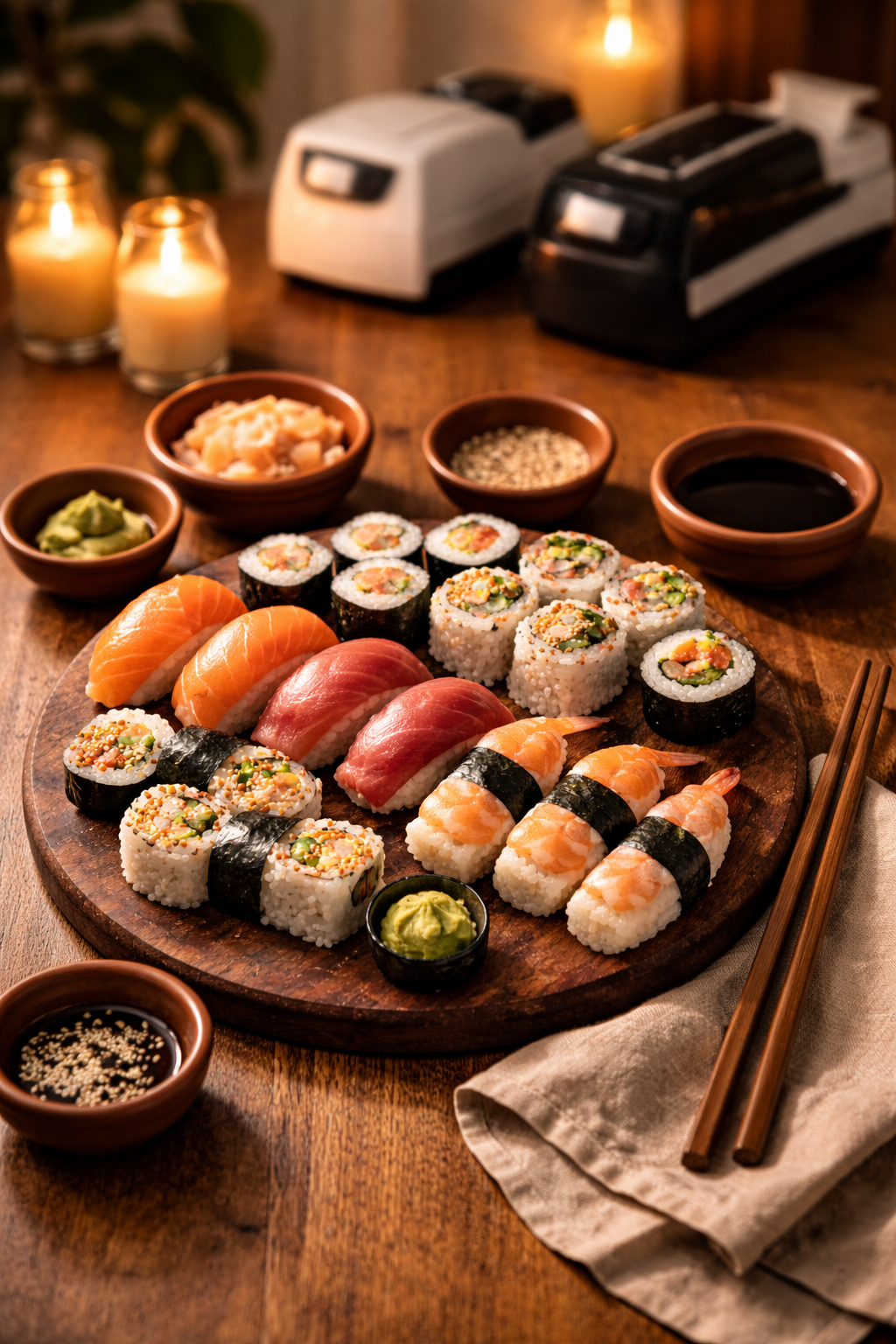 Selbstgemachtes Sushi mit Nigiri und Maki auf rundem Holzbrett, Kerzen im Hintergrund