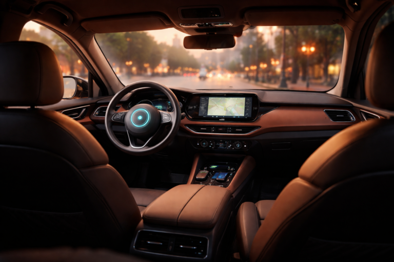 Modernes Auto-Innenraum vom Rücksitz, kein Fahrer, autonomes Fahren Stimmung