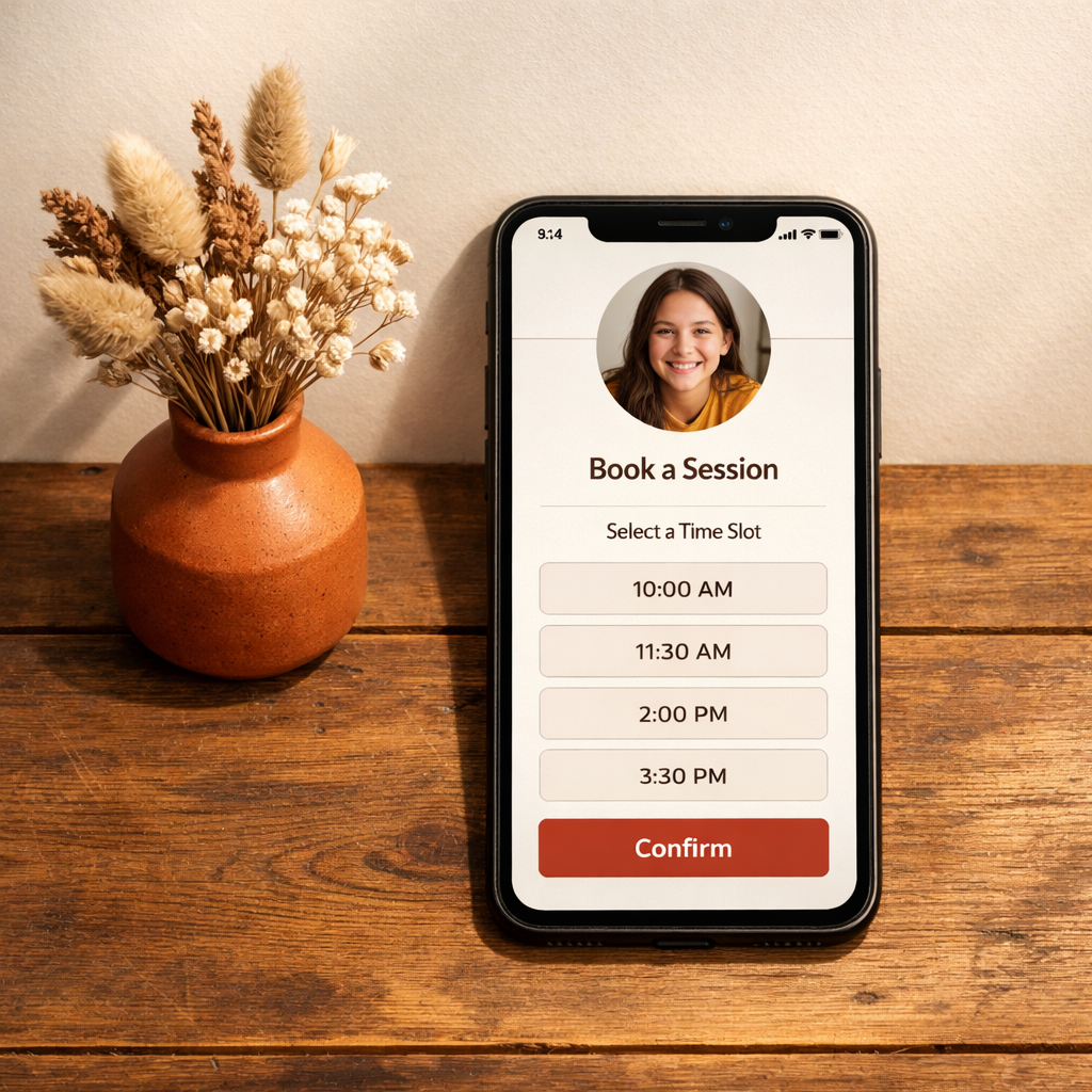 Smartphone mit App-Interface für Pflegeeinrichtungs-Buchung, warmes Holz-Setting