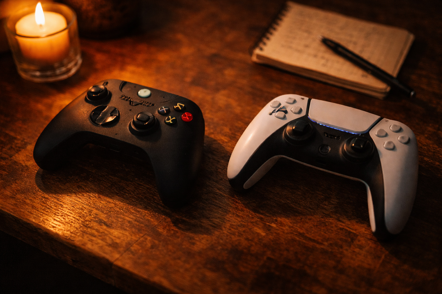Zwei Gaming Controller nebeneinander auf Holztisch, Kerzenlicht, terracotta Töne