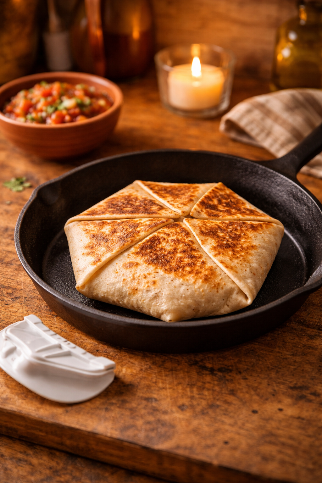 Perfekt gefalteter Crunch-Wrap in Pfanne, goldbraun, warme Küchenatmosphäre