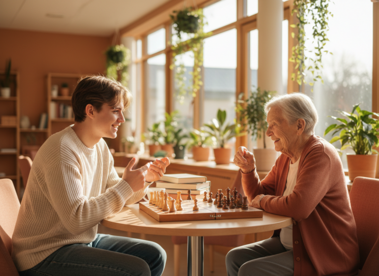 Junger Student spielt Schach mit älterer Person in hellem Pflegeheim, warme Atmosphäre