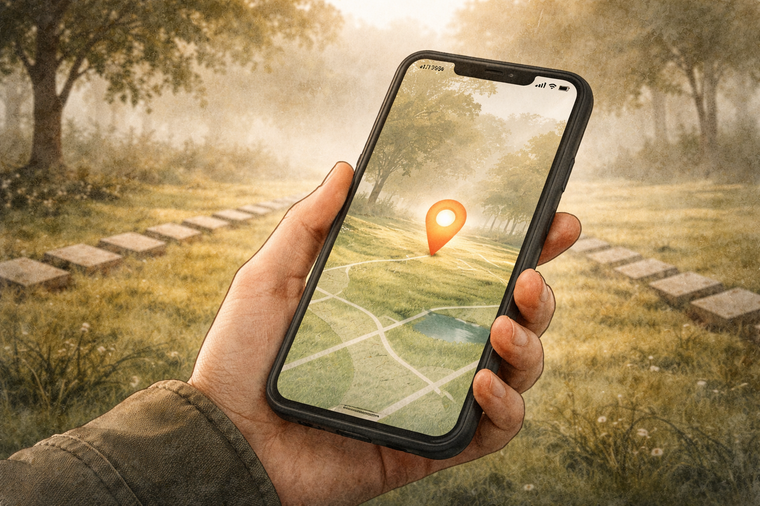 Hand hält Smartphone mit einer schlichten Karten-App die einen leuchtenden Pin auf einer Friedhofswiese zeigt