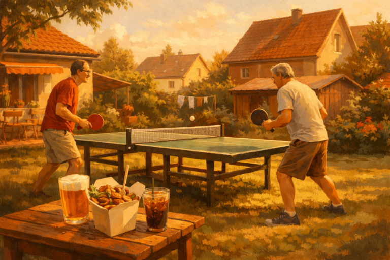 Nachbarn spielen Tischtennis im Garten, warme Nachmittagsstimmung