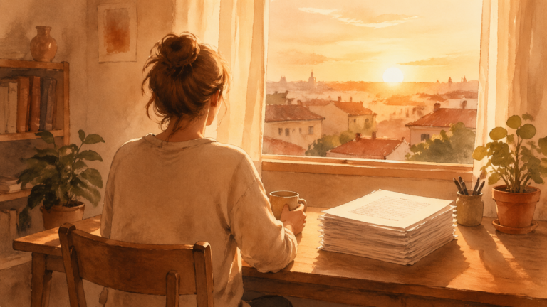 Handgeschriebenes Manuskript auf Holzschreibtisch