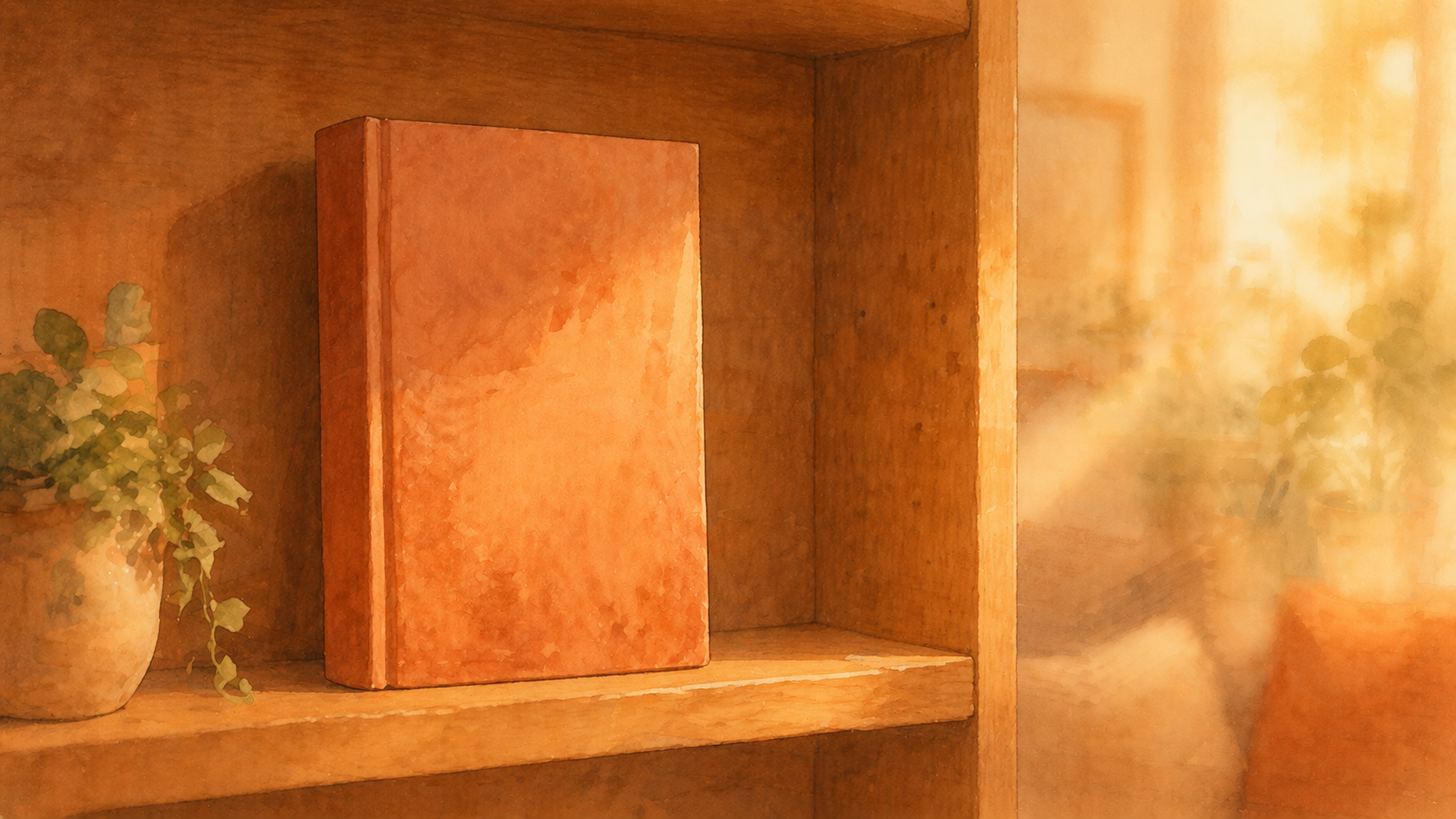 A single book on a wooden shelf in warm golden light