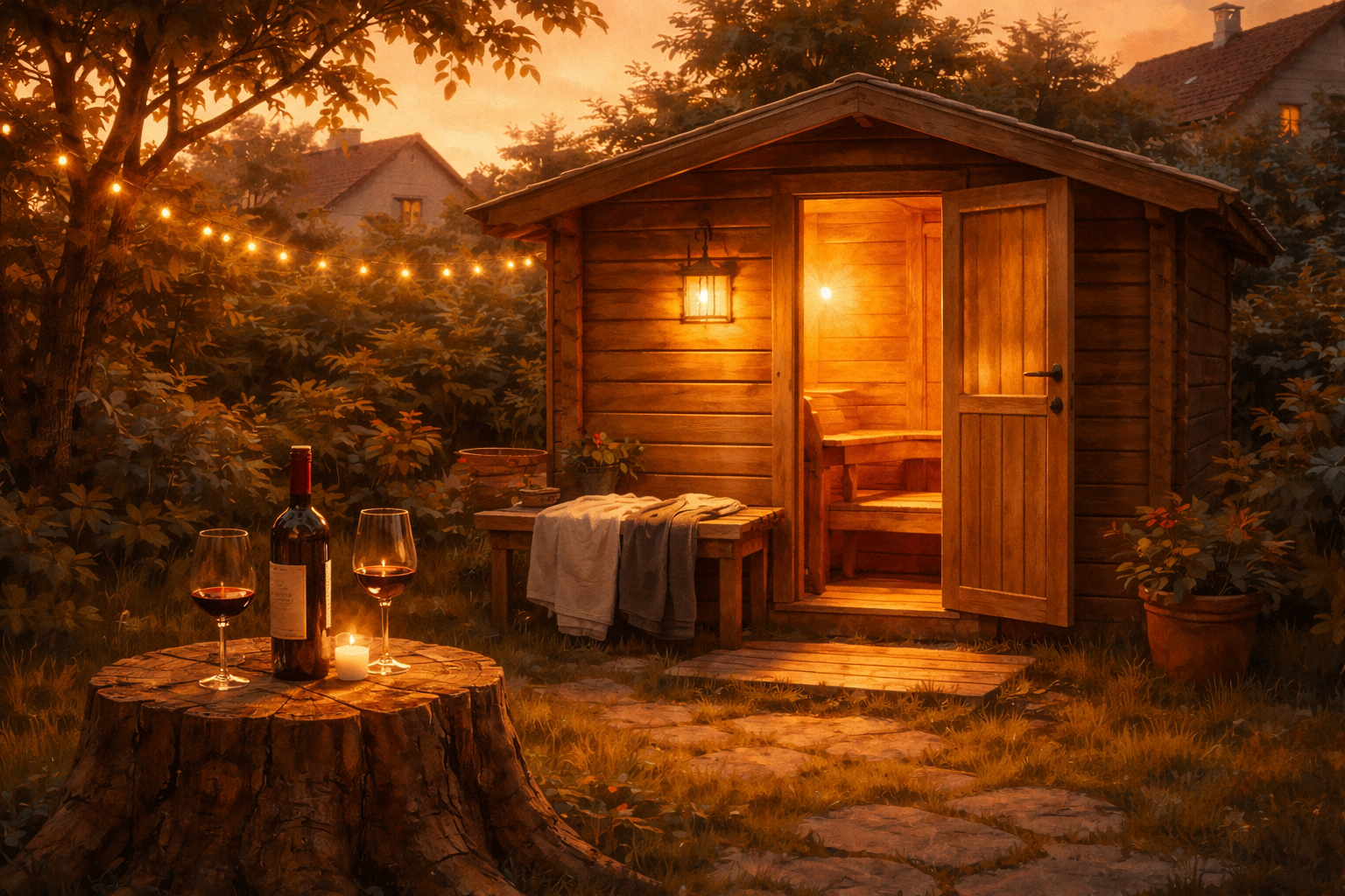 Kleine Gartensauna am Abend mit Weingläsern, gemütliche Nachbarschaftsatmosphäre