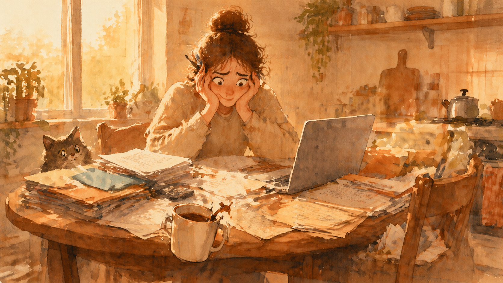 Person am Kuechentisch mit Papierchaos und Laptop