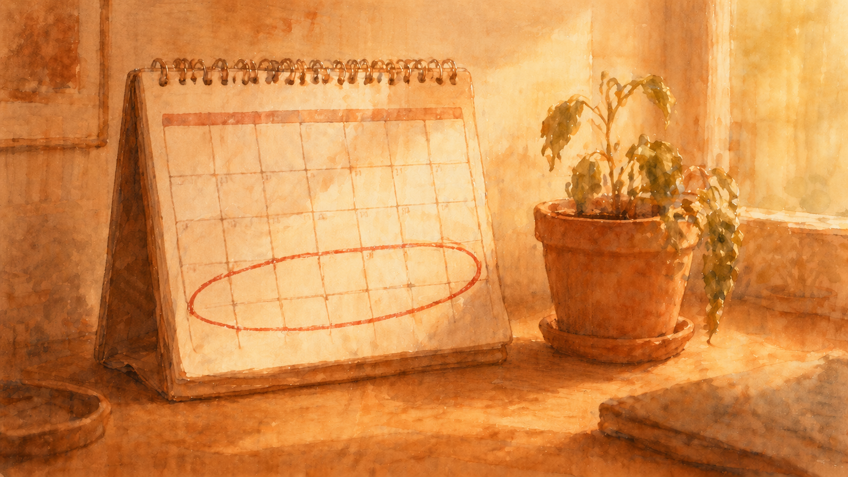 December calendar page with red circle and small potted plant